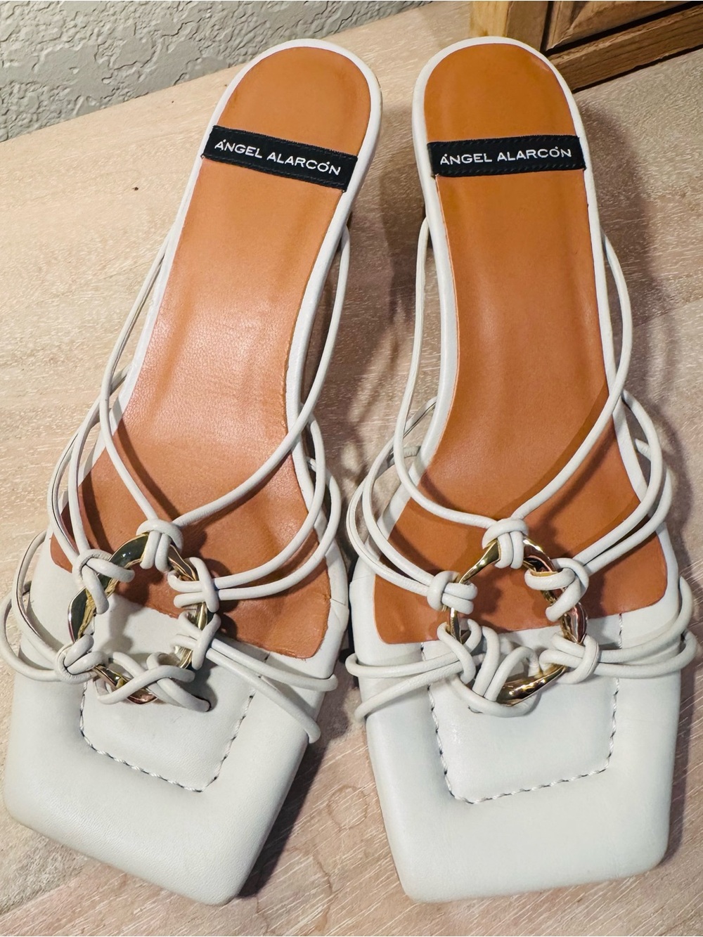 White Leather Strappy Slide Heels